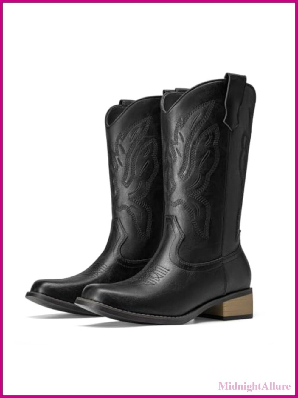 Faux Leather Square Toe Mid Calf Western Cowboy Boots